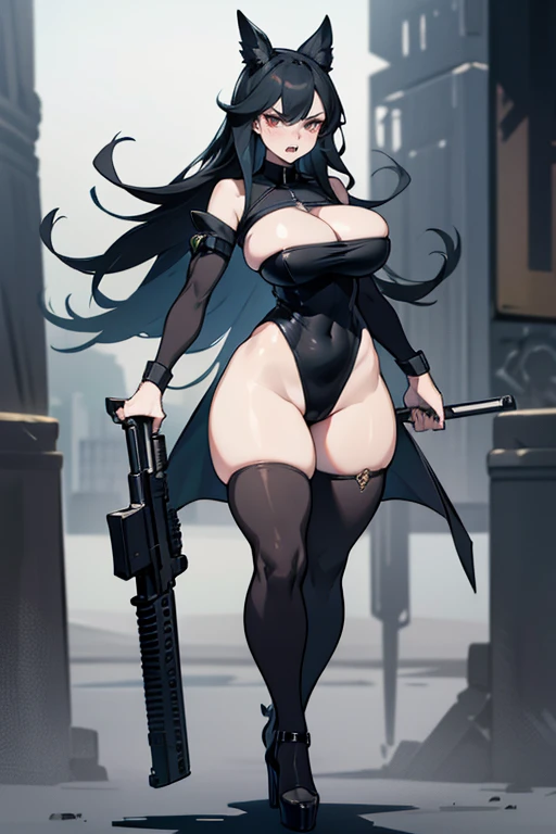  thick hips,  thick thighs, platform heels, high cut leotard, bandeau top, huge breast, thin waist, long hair, weapon, pale skin, gun, angry look,  scream, thick body, tight stockings, shoulderless , 