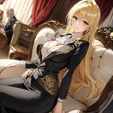 ((Highest quality)), ((masterpiece)), (detailed), （Perfect Face）、The woman is a thief with green eyes and medium-long blonde hair. She is wearing a luxurious black skirt-type suit with gold embroidery and trim, a luxurious and elegant white blouse with fri...