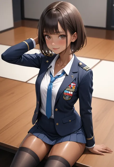 (masterpiece,Highest quality:1.3,best quality illustration),realistic,cowboy shot,1woman,30 year old Japanese beauty,Naval officer、((very small head:1.4)),short bob hair,brown hair,bangs,brown eyes,gorgeous eyes,shy,smile,((Dark blue blazer jacket、White Sh...