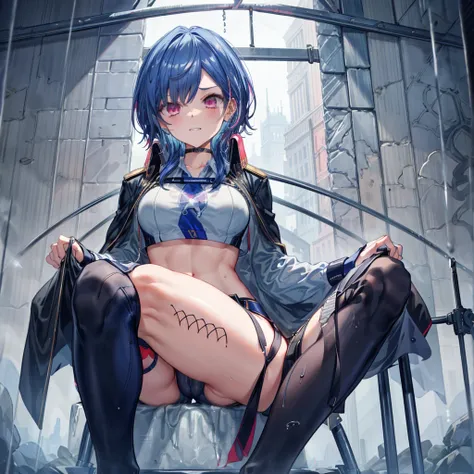 ((Highest quality)), ((masterpiece)), ((detailed)), (4K),1girl, 独奏, crop top, darkblue hair, pink eyes, highlight on eyes, medium breasts, bikesuit, choker, bracelet, (rain), ((wet)), see through, evil grin, jagged teeth, (from below), (looking down), look...