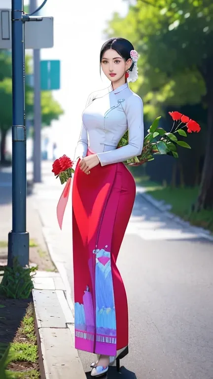 a beautiful girl in vintage colors aodai , masterpiece, best quality, realistic:1.3, street, holding bundle of flowers,Branding dress, red+ping dress, sunlight, backlighting, artstation, intricate details, vignettThe owner of an attractive body outline and...