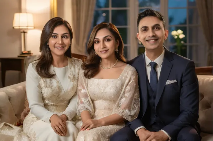 araffes and a woman sitting on a couch with a man, family, 60mm portrait, family portrait, 7 0 mm portrait, portrait of family of three, happy family, backdrop, portrait, portrait shot, wedding photo, evening at dusk, portrait image, husband wife and son, ...