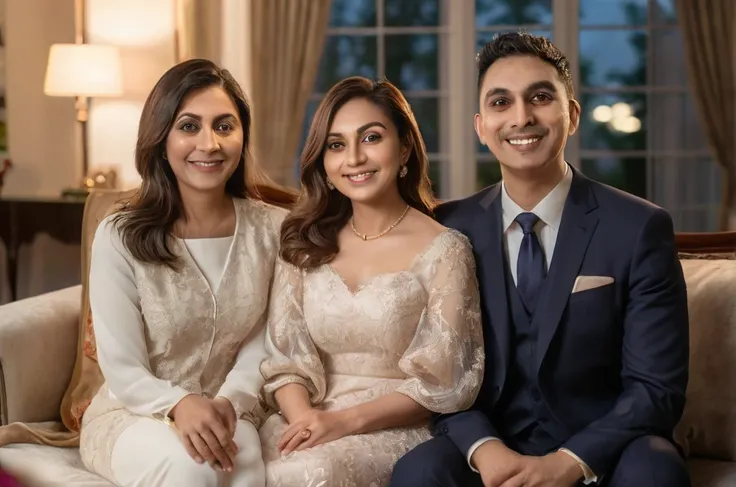 araffes and a woman sitting on a couch with a man, family, 60mm portrait, family portrait, 7 0 mm portrait, portrait of family of three, happy family, backdrop, portrait, portrait shot, wedding photo, evening at dusk, portrait image, husband wife and son, ...