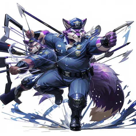 anthro, kemono, male, solo, (((anthro fox))), (((purple fox))), (((purple fur))), purple hair, green eyes, beard, white eyebrows, mature, muscular, (((beard))), white background, hold a bow, archer, ((((policeman, police outfit, police cap))), full body, s...