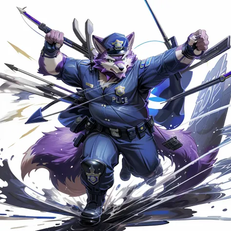 anthro, kemono, male, solo, (((anthro fox))), (((purple fox))), (((purple fur))), purple hair, green eyes, beard, white eyebrows, mature, muscular, (((beard))), white background, hold a bow, archer, ((((policeman, police outfit, police cap))), full body, s...