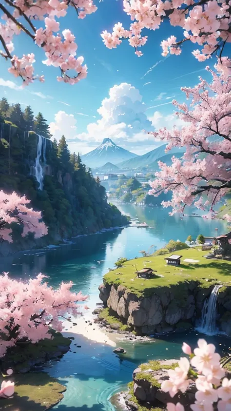 
Create a stunning anime landscape featuring a serene, floating island surrounded by cascading waterfalls and vibrant cherry blossom trees. The island is adorned with a traditional Japanese wooden house, nestled amidst lush, colorful foliage in full bloom....