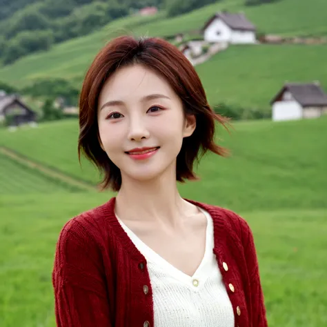 8k best picture quality, Beautiful 36-year-old Korean woman, I have good skin and clear and pretty eyes.. Chest size 34 inches, french country village, The back background is realistic and vivid image quality, Short and medium hair blowing in the wind, Wea...