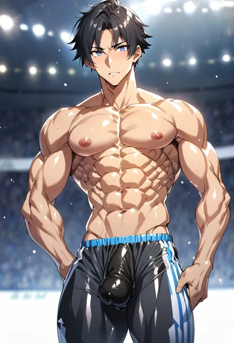 high quality, detailed, (20 years old anime guy), (black hair with middle part), (blue detailed eyes), (abs:1.5), (shiny skin), black briefs,(big bulge),(detailed nipples), Soccer clothes, Tall