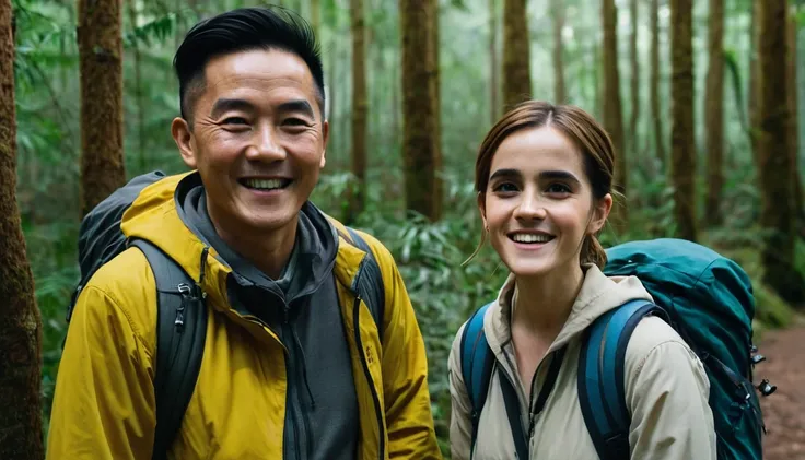 Emma Watson and a Adult Chinese male is standing in the forest smiling and looking at the camera. They are wearing hiking clothes