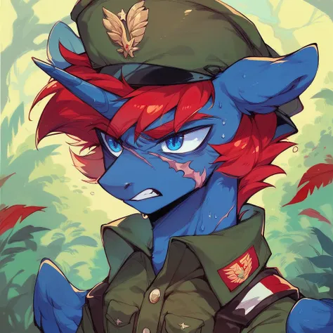 Male alicorn pony, black fur, long red hair, deep blue eyes, red feathers on wings, scar over left eye, red striping, vietnam-era army uniform, boonie hat, in a swamp, sweating, close-up portrait 