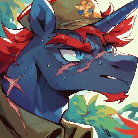 Male alicorn pony, black fur, long red hair, deep blue eyes, red feathers on wings, scar over left eye, red striping, vietnam-era army uniform, boonie hat, in a swamp, sweating, close-up portrait 