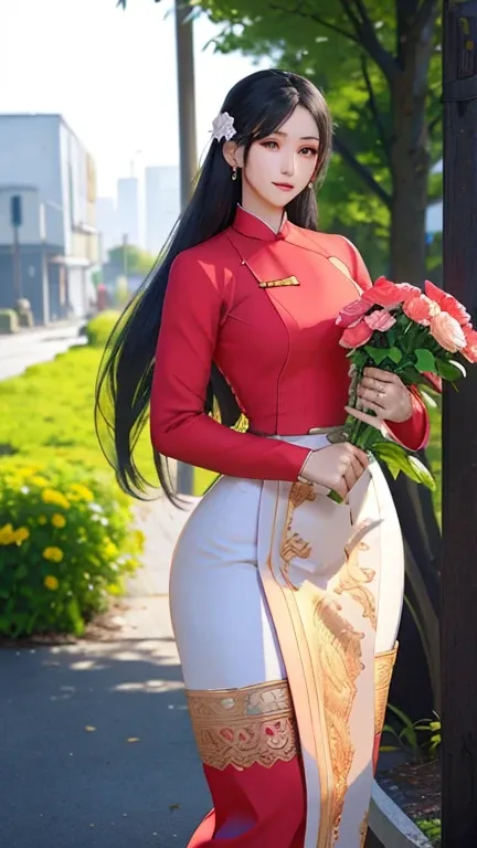 a beautiful girl in vintage colors aodai , masterpiece, best quality, realistic:1.3, street, holding bundle of flowers,Branding dress, red+ping dress, sunlight, backlighting, artstation, intricate details, vignettThe owner of an attractive body outline and...