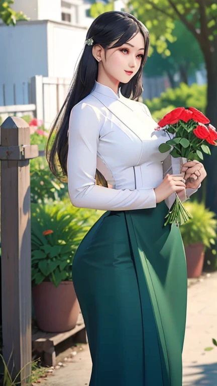 a beautiful girl in vintage colors aodai , masterpiece, best quality, realistic:1.3, street, holding bundle of flowers,Branding dress, red+ping dress, sunlight, backlighting, artstation, intricate details, vignettThe owner of an attractive body outline and...