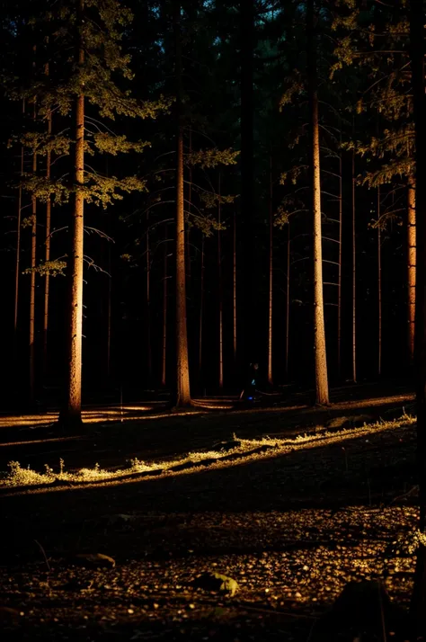 Pitch black forest illuminated by person holding a 600 lumens source of light covering all angles