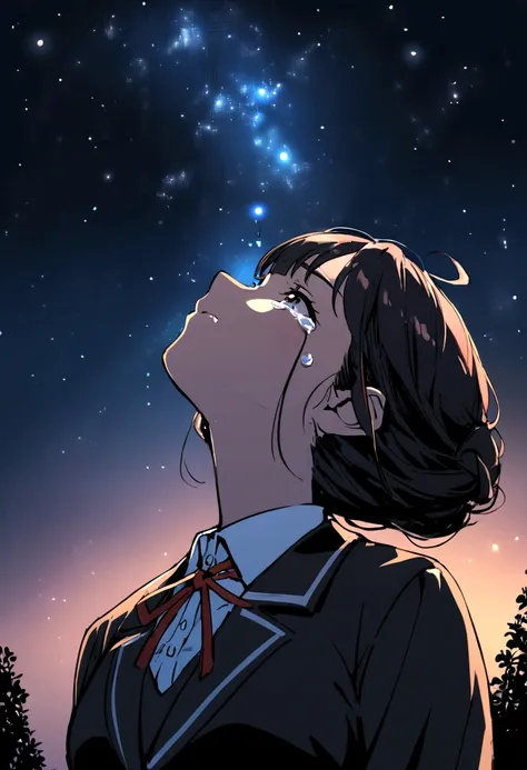 1girl, black hair, school attire, looking up at the night sky, crying