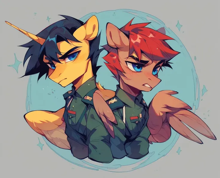 Two subjects; Male alicorn pony with black fur and red hair and blue eyes and red feathers on wings, male pegasus pony with yellow fur and black hair and blue eyes, legs around each other, wartime photo, vietnam-era army uniforms, 