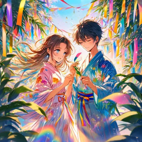 Two people staring at a large flower, two people, Tanabata, strips of paper, bamboo leaves, wishes on strips of paper, baked in yukata, fluid, particles of light, dream-like, glitter, dream-like shine, drops of paint, oil , strong strokes, paint drops, spl...