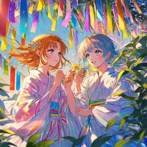 Two people staring at a large flower, two people, Tanabata, strips of paper, bamboo leaves, wishes on strips of paper, baked in yukata, fluid, particles of light, dream-like, glitter, dream-like shine, drops of paint, oil , strong strokes, paint drops, spl...