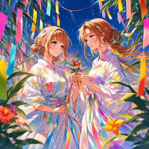 Two people staring at a large flower, two people, Tanabata, strips of paper, bamboo leaves, wishes on strips of paper, baked in yukata, fluid, particles of light, dream-like, glitter, dream-like shine, drops of paint, oil , strong strokes, paint drops, spl...