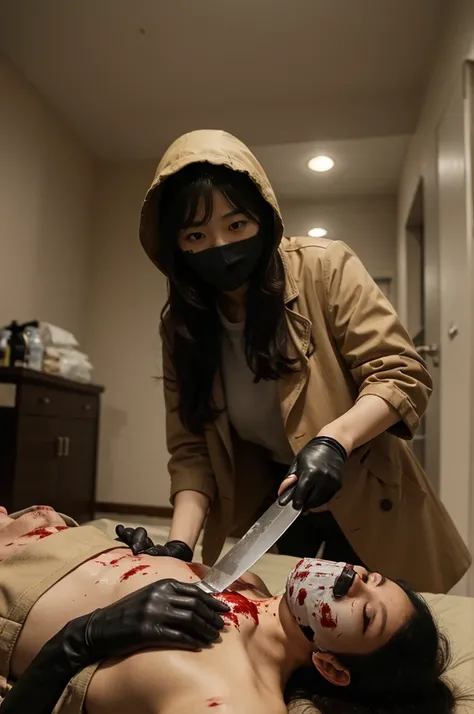 korean girl, (behind corpse, surgical mask), holding knife, stabbing, black leather gloves, room full of blood, beige trench coat, bucket hat, holding knife, black gloves, behind corpse, blood splatter, very long hair, night, mass murderer, robbery, in the...