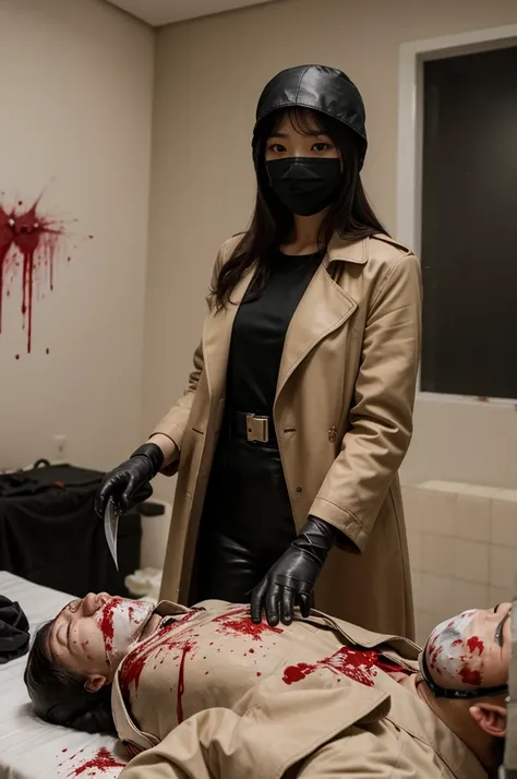 korean girl, (behind corpse, surgical mask), holding knife, stabbing, black leather gloves, room full of blood, beige trench coat, bucket hat, holding knife, black gloves, behind corpse, blood splatter, very long hair, night, mass murderer, robbery, in the...