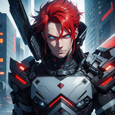 a futuristic cyberpunk man with red hair and blue eyes,1 man,detailed cyberpunk outfit,detailed facial features,detailed red hair,detailed blue eyes,cinematic lighting,dramatic camera angle,highly detailed,hyper realistic,unreal engine,8k, masterpiece