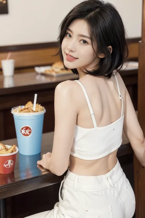 (((best quality))),(((ultra detailed))),(((masterpiece))),illustration,((1girl,solo)),(straight black bob hair:1.2),((slim,thin)),((bare back,towering hips,butt crack)),sitting,(in KFC:1.3), (burgers and drink on the table:1.2),((white strap tank top, whit...