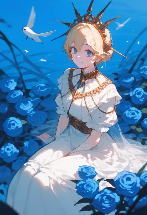 Princess, blonde hair, royal features, narrow eyes, slight smile, white dress, in the middle of a sea of blue roses, sitting, her hands covered in blue roses, arms lowered, hair ball tie