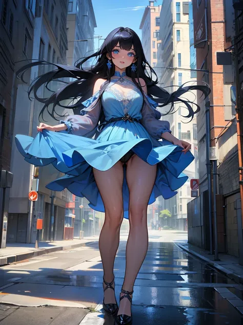 1girl, long black hair, blue eyes, wearing blue dress, city, absurdres, high res, ultrasharp, 8K, masterpiece, looking at viewer