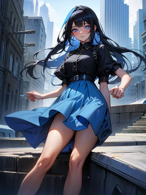 1girl, long black hair, blue eyes, wearing blue dress, city, absurdres, high res, ultrasharp, 8K, masterpiece, looking at viewer