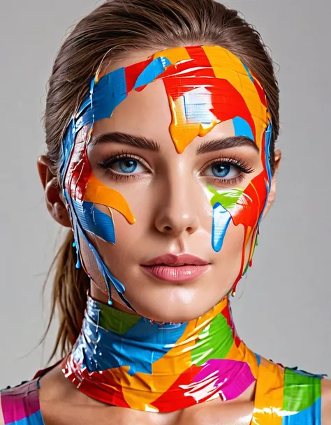 (absurd quality,high-res,masterpiece),(realism,photorealistic), ((a cute 1model:1.4 24yo) ,(the art of duct tape style with many...