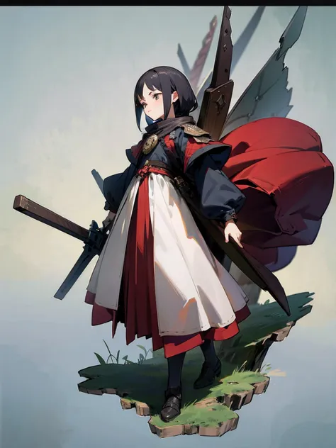 1 girl，14 years old，tiny body，black hair，red eyes，medieval merchant style dress，adventurer merchant，mystery，carrying a huge back...