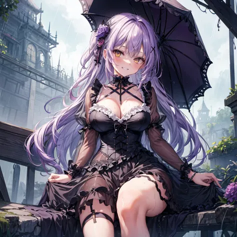 ((Highest quality)), ((masterpiece)), ((detailed)), (4K),1girl, 独奏, lightpurple hair, yellow eyes, large breasts, fantasy, gothic lolita, choker, bracelet, (rain), ((wet)), see through, evil grin, (from below), (looking down), looking at viewer, (spread le...