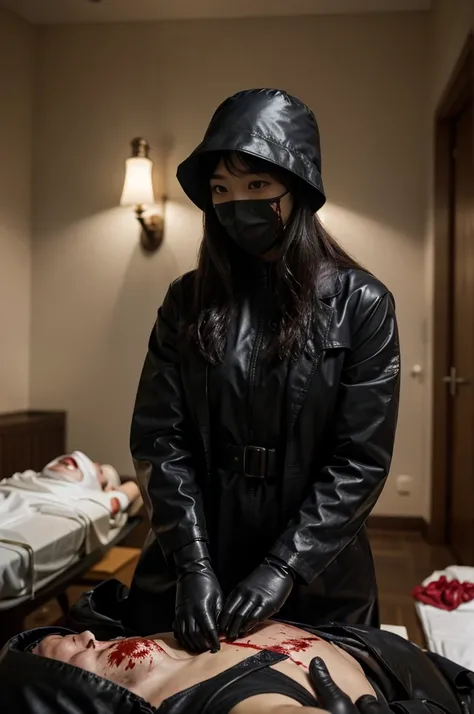 korean girl, (behind corpse, surgical mask), holding knife, stabbing, black leather gloves, room full of blood, black trench coat, bucket hat, holding knife, black gloves, behind corpse, blood splatter, very long hair, black wet suit, night, mass murderer,...