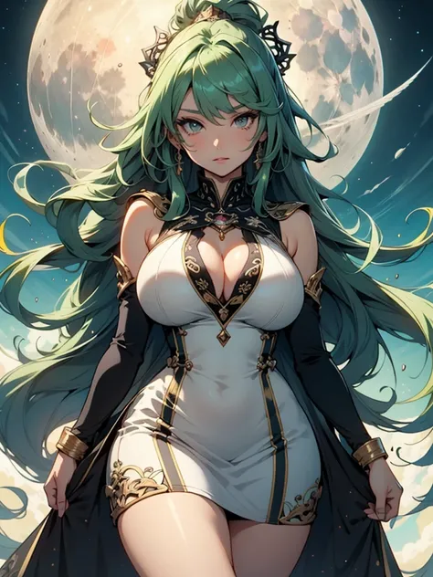 Beautiful anime goddess with long green hair, wearing a short dress, breasts, anime key look, moon, large breasts, intricate, hips, highly detailed, wide hips, breathtaking beauty, vibrant and sharp focus, illustration