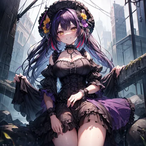 ((Highest quality)), ((masterpiece)), ((detailed)), (4K),1girl, 独奏, multicolor hair, black purple hair, yellow eyes, large breasts, fantasy, gothic lolita, choker, bracelet, (rain), ((wet)), see through, evil grin, (from below), (looking down), looking at ...