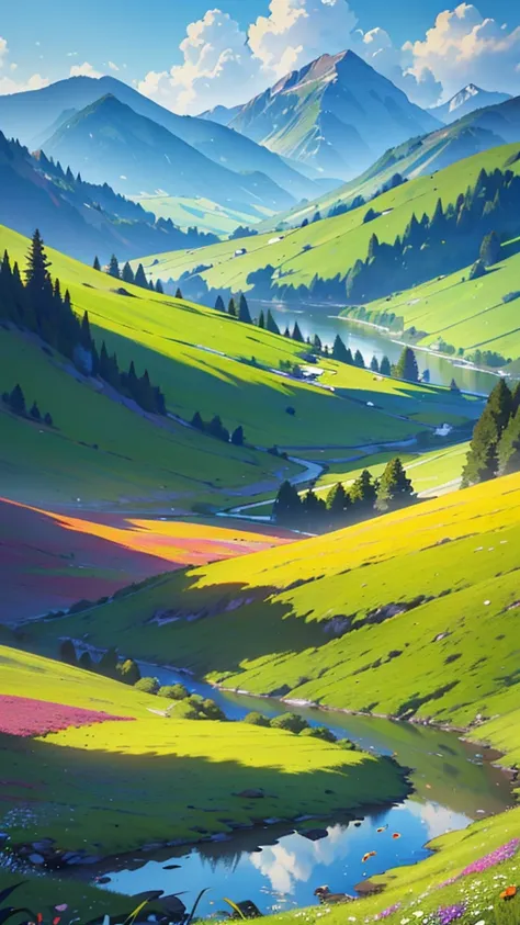 a breathtaking landscape, lush meadow, rolling hills, serene lake, majestic mountains, golden sunset, fluffy clouds, vibrant wildflowers, detailed foliage, natural lighting, photorealistic, cinematic composition, rich color palette, dramatic shadows and hi...