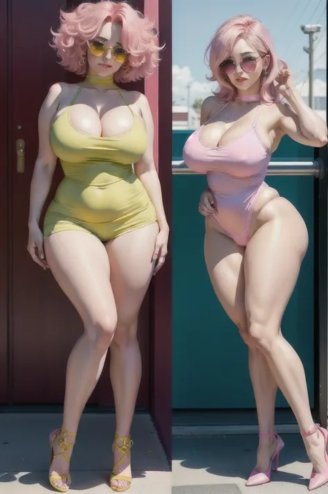 my Hero academia, Mina_Ashido, (((1girl))), voluptuous, ((pink_hair, pink skin, yellow_eyes)), ((highly detailed face))), large_breast, ample hips, insanely detailed accentuated big booty, gorgeous legs, well toned body, great aesthetics, wearing urban sun...