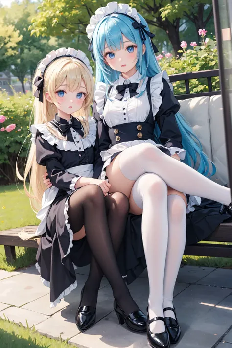 （chedevr：2.0，Best quality），（Lovely beautiful eyes：2.0），wire._REM sleep，REMHD，1 girl，blue hair，One，eBlue eyes，x Hair accessories，foot jewelry，Bow knot，Long thick socks，lace tights，Lolita in heels，lolita shoes，Rossvale Mansion Maid Uniform，полное wireо, lesb...