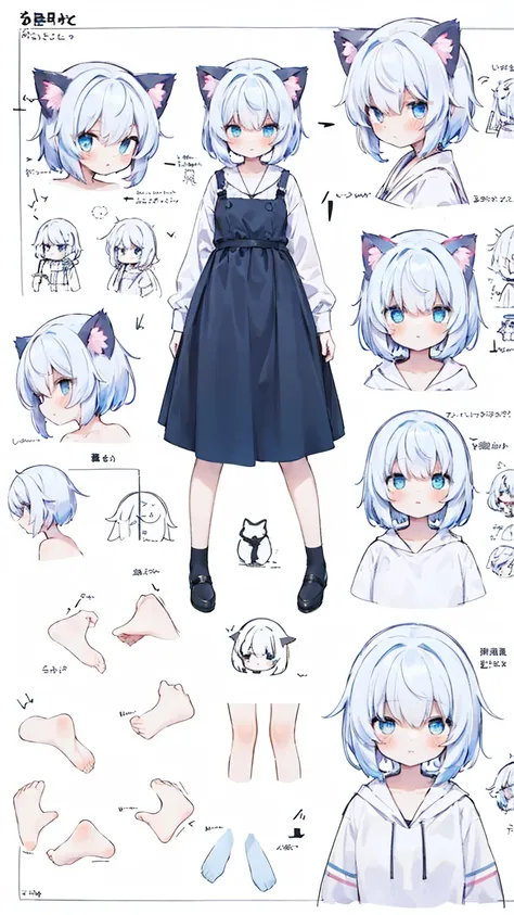 Full-body diagram，normal，1 very cute  girl with cat ears，white hair，light blue eyes