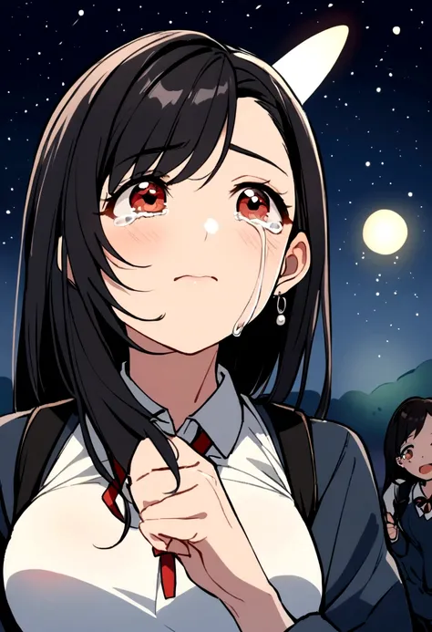 1girl, student uniform, black hair, young tifa lockhart, looking up at the night sky, crying but hopeful, wishing on a satellite