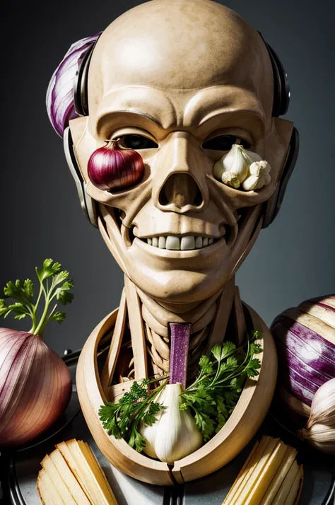 an image of a human being in anatomy with a robot face, where the following foods can be seen around you as if suspended in the air; garlic, ginger, cauliflower, red onion, pigment, parsley.