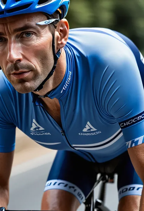 Half-body close-up, frontal photography in high-speed road cycling, showing dressed in blue professional uniform, chiaroscuro, hyperrealism.