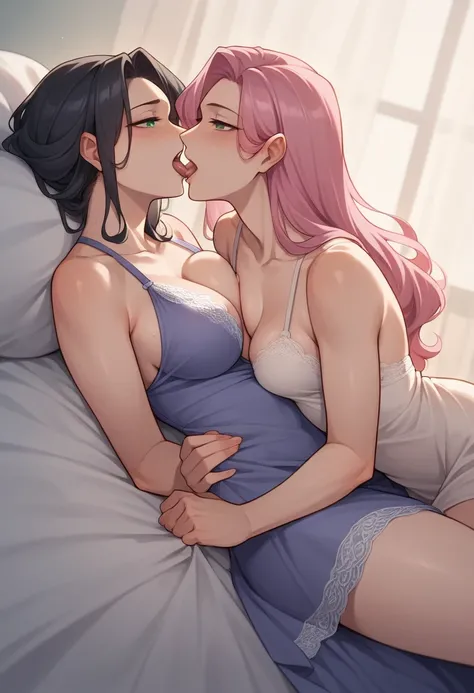 small breasts medium lenght washed pink hair woman with green eyes, big breasts long straight black hair woman with purple eyes, licking neck, nigh gown, lace clothes, on bed, mature women, 25 years old, femenine bodies, yuri, anime style, sexy lesbian sex...