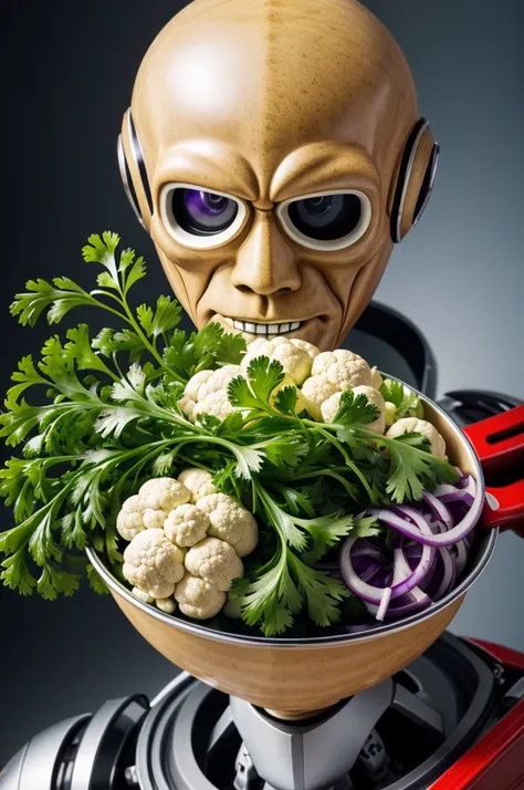 an image of a human being in anatomy with a robot face, where the following foods can be seen around you as if suspended in the air; garlic, ginger, cauliflower, red onion, pigment, parsley.