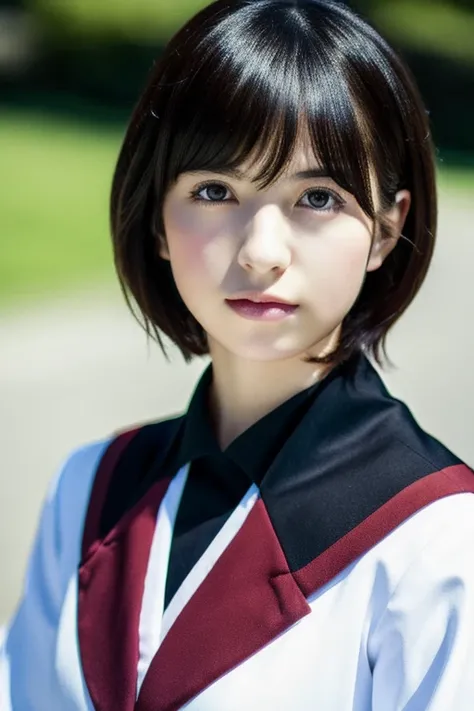 Mikasa, 19 year young girl , Best quality, High resolution, Short bob hair, Beautiful, Black eyes, see viewer, Red white uniform, , Highest quality, high resolution,