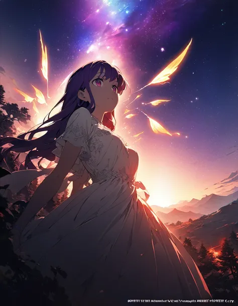 One girl, Beautiful and fine details, Long purple hair, Pale red eyes, Princess Dress, Glowing Skin, resolution, (Anime Style:1.6)High Contrast, ((Mastepiece, Highest quality))Vast landscape photography, (View from below with views of the sky and wildernes...