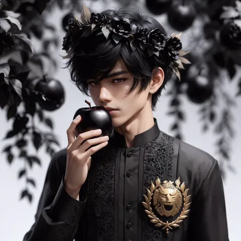 Handsome boy, black hair, brown eyes, wearing black barong tagalog, wearing black flower crown, holding black apple