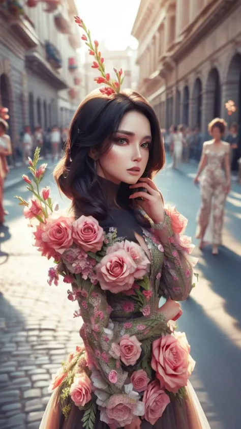 Beautiful black-haired woman with red eyes, elegant and refined, Rose flowers, Highly detailed face, Detailed eyes, beautiful long eyelashes, complicated details, Award-winning digital art, movie light, Amazing color, realistic, 8K, Masterpiece, Gothic art