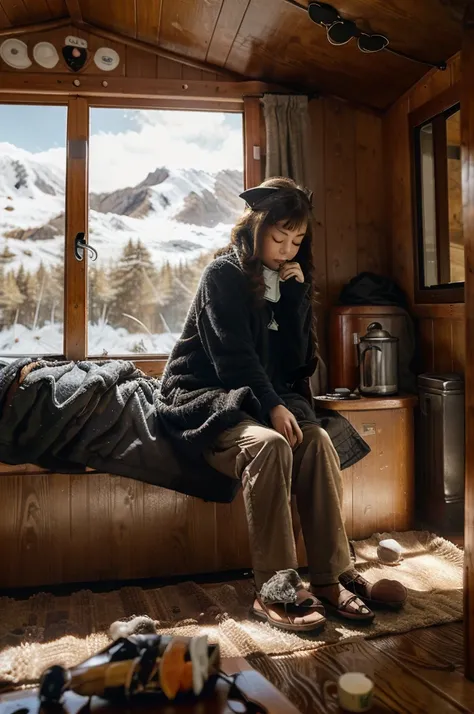 The lazy fluffy cat , adorable with big eyes, extremely beautiful tail, sleeps in the cabin of the cozy camping car in the snowy mountains. A cup of hot coffee for a fresh morning